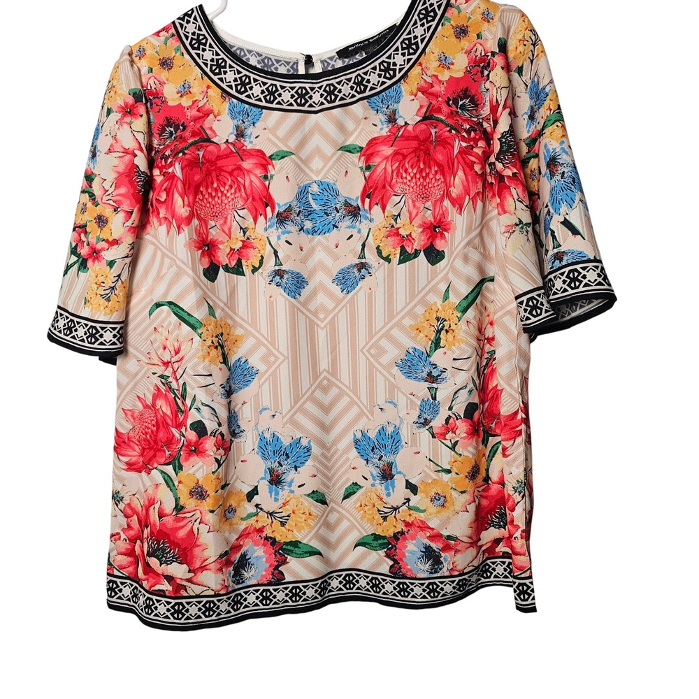 Jealous Tomato Womens Boxy Floral Blouse L Multicolor Boho Border Print Cottage